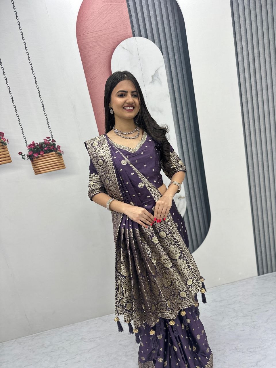 Beautiful Purple Color Heavy Jacquard Work Saree With Blouse