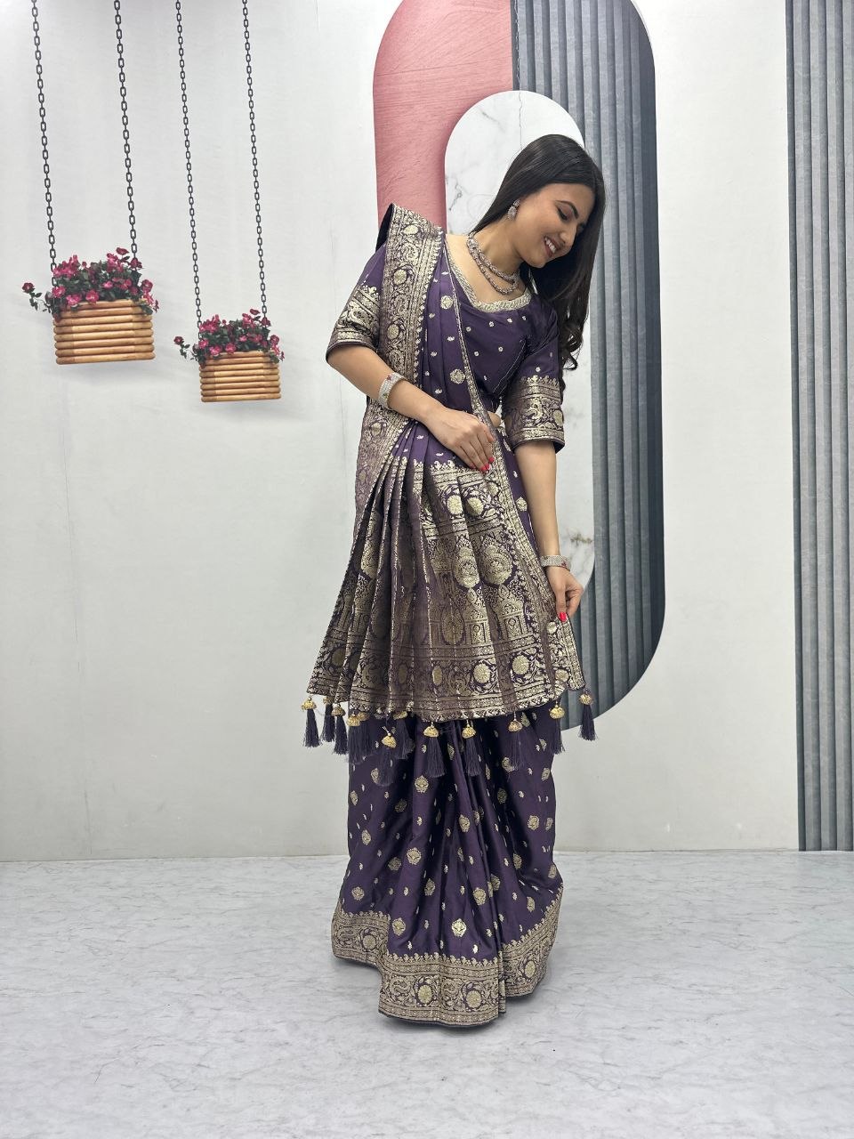 Beautiful Purple Color Heavy Jacquard Work Saree With Blouse