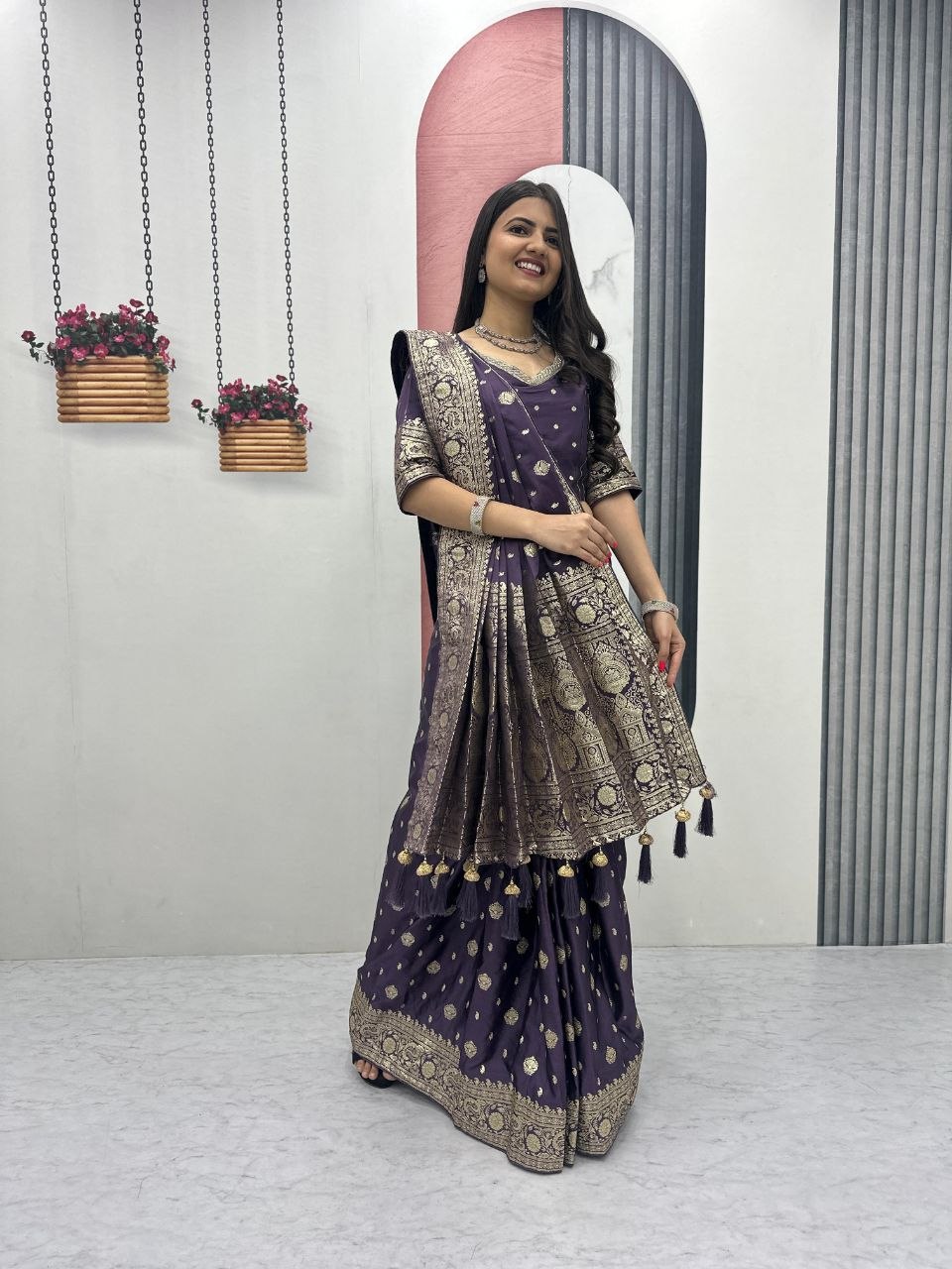 Beautiful Purple Color Heavy Jacquard Work Saree With Blouse