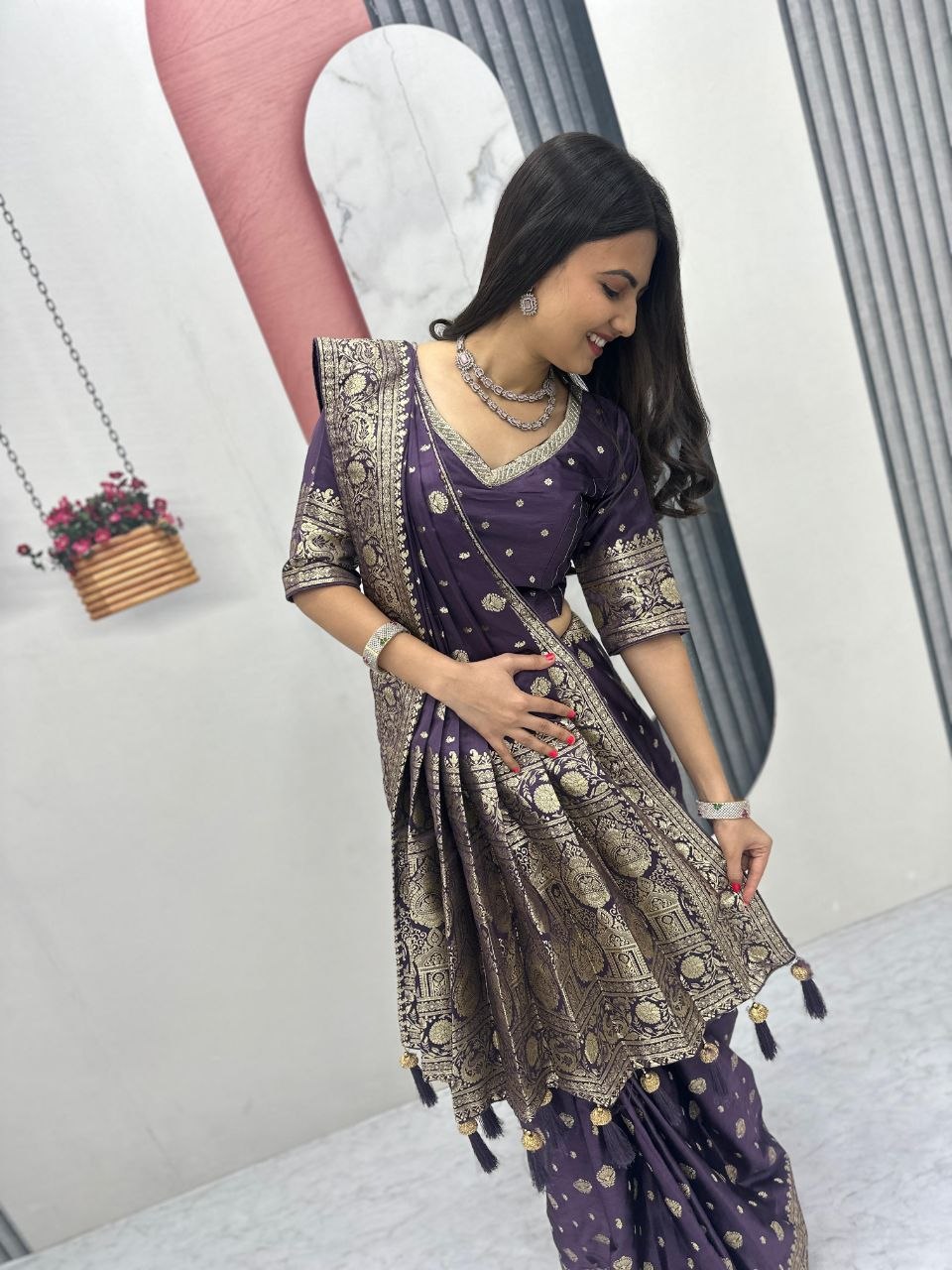 Beautiful Purple Color Heavy Jacquard Work Saree With Blouse