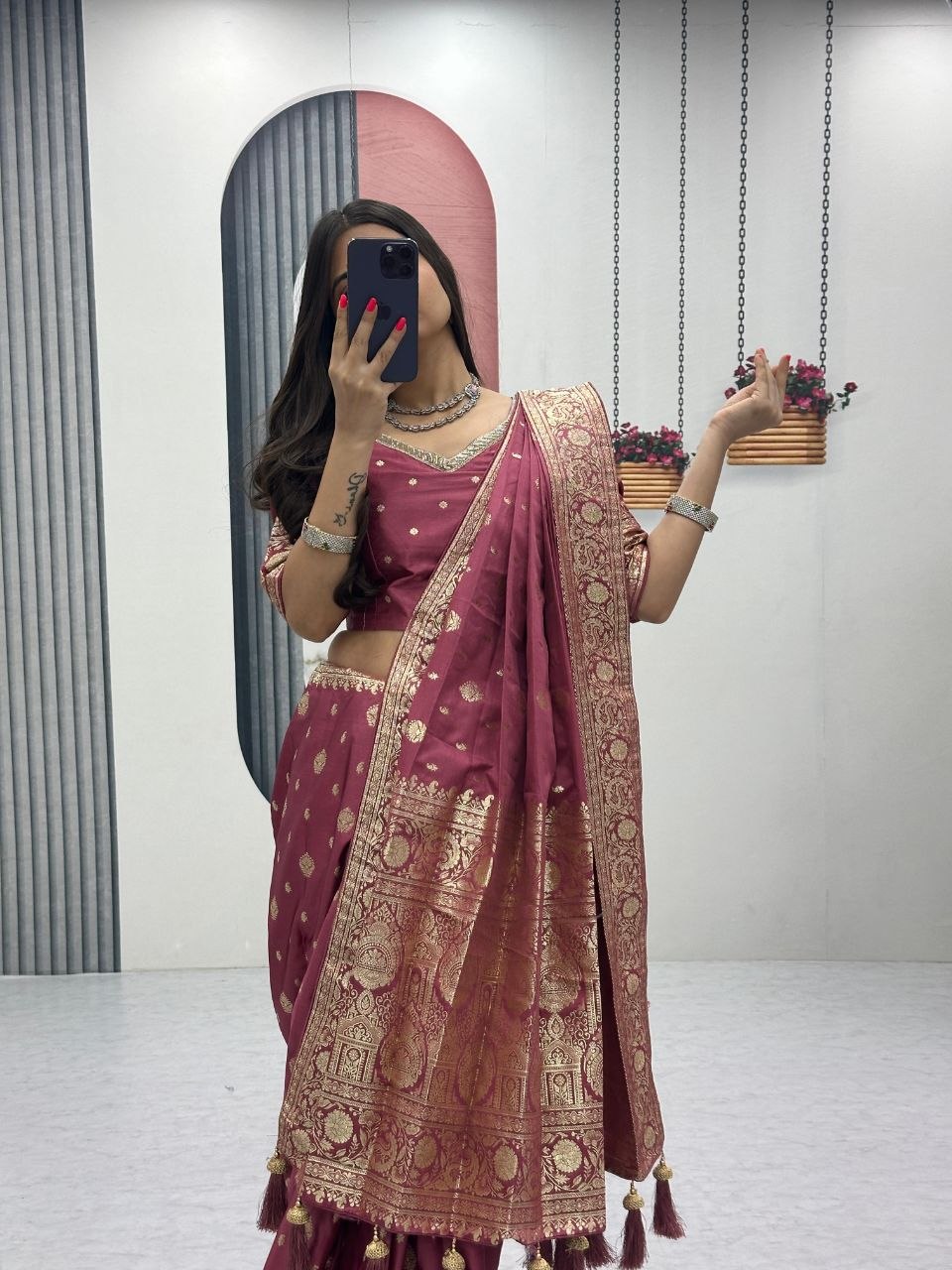 Mesmerizing Light Pink Color Heavy Jacquard Work Saree With Blouse