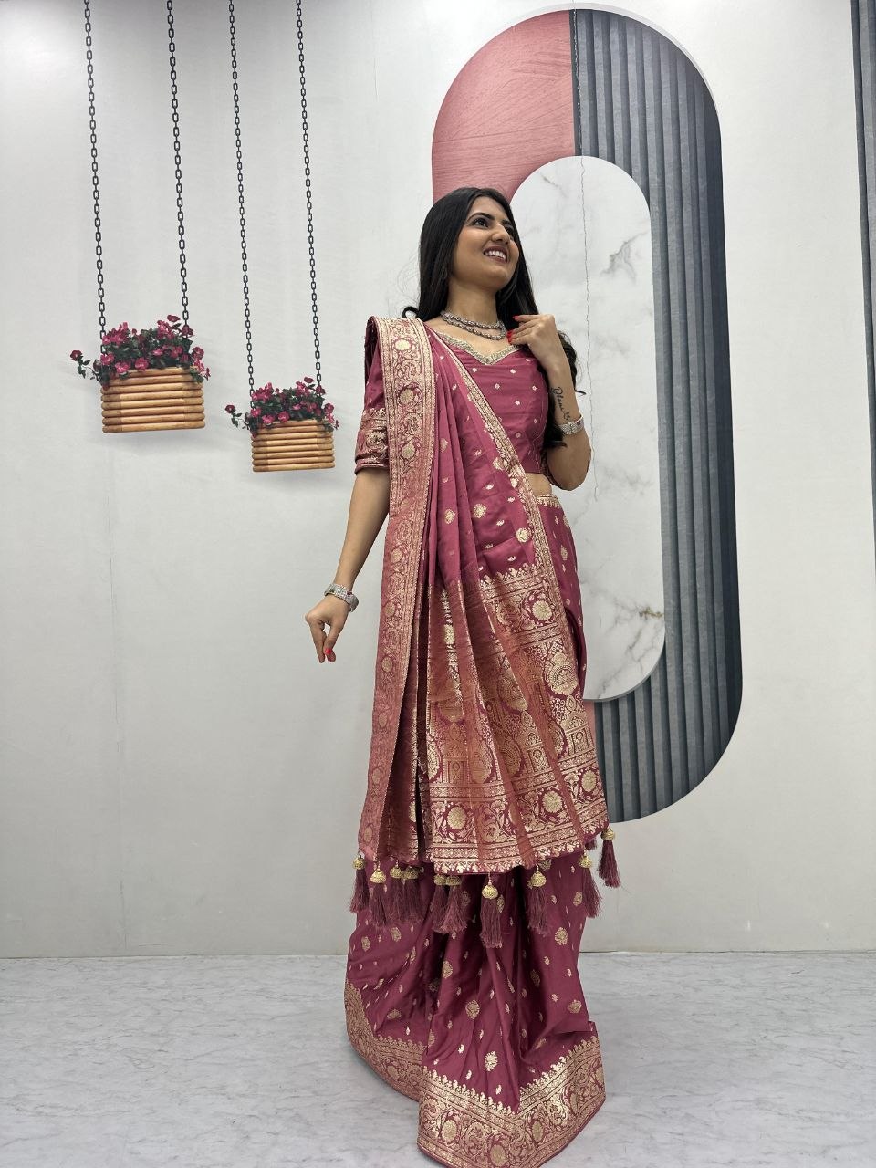 Mesmerizing Light Pink Color Heavy Jacquard Work Saree With Blouse