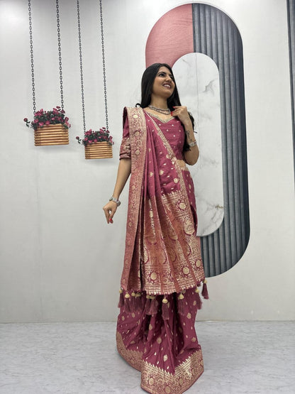 Mesmerizing Light Pink Color Heavy Jacquard Work Saree With Blouse
