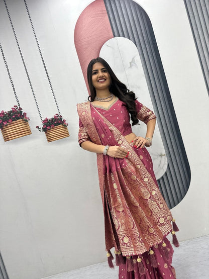 Mesmerizing Light Pink Color Heavy Jacquard Work Saree With Blouse