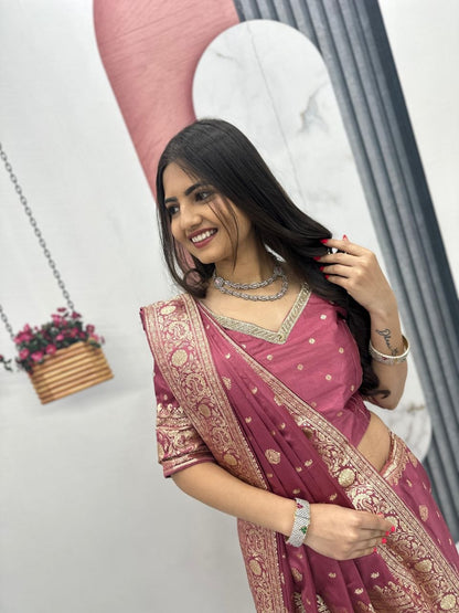 Mesmerizing Light Pink Color Heavy Jacquard Work Saree With Blouse