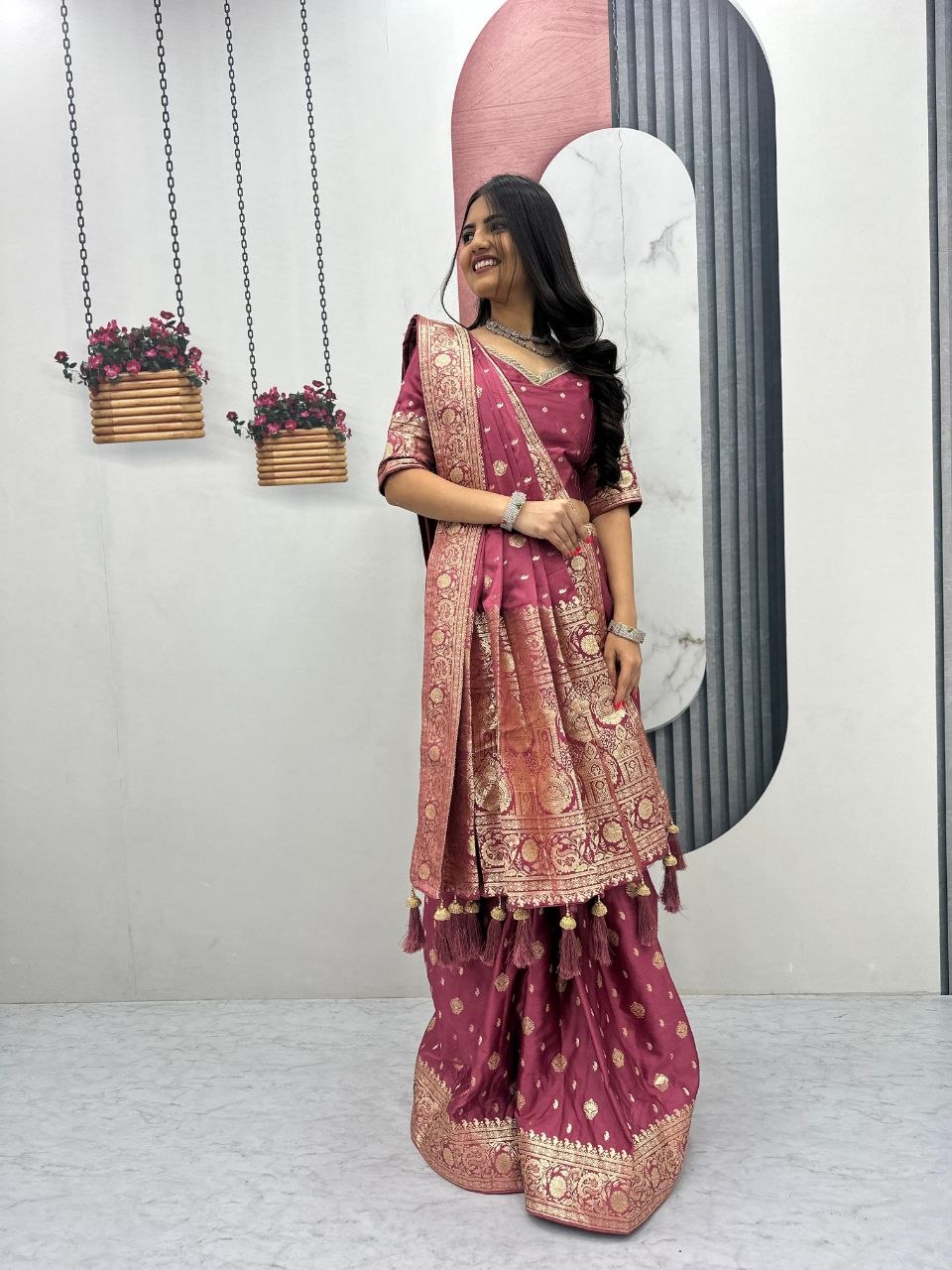Mesmerizing Light Pink Color Heavy Jacquard Work Saree With Blouse