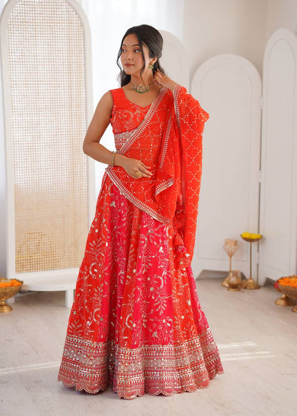 Wedding Wear Orange Color Thread With Sequence Work Lehenga Choli