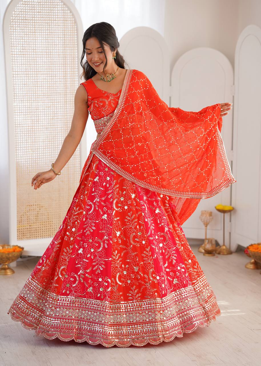 Wedding Wear Orange Color Thread With Sequence Work Lehenga Choli