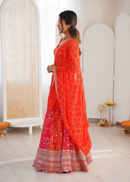 Wedding Wear Orange Color Thread With Sequence Work Lehenga Choli