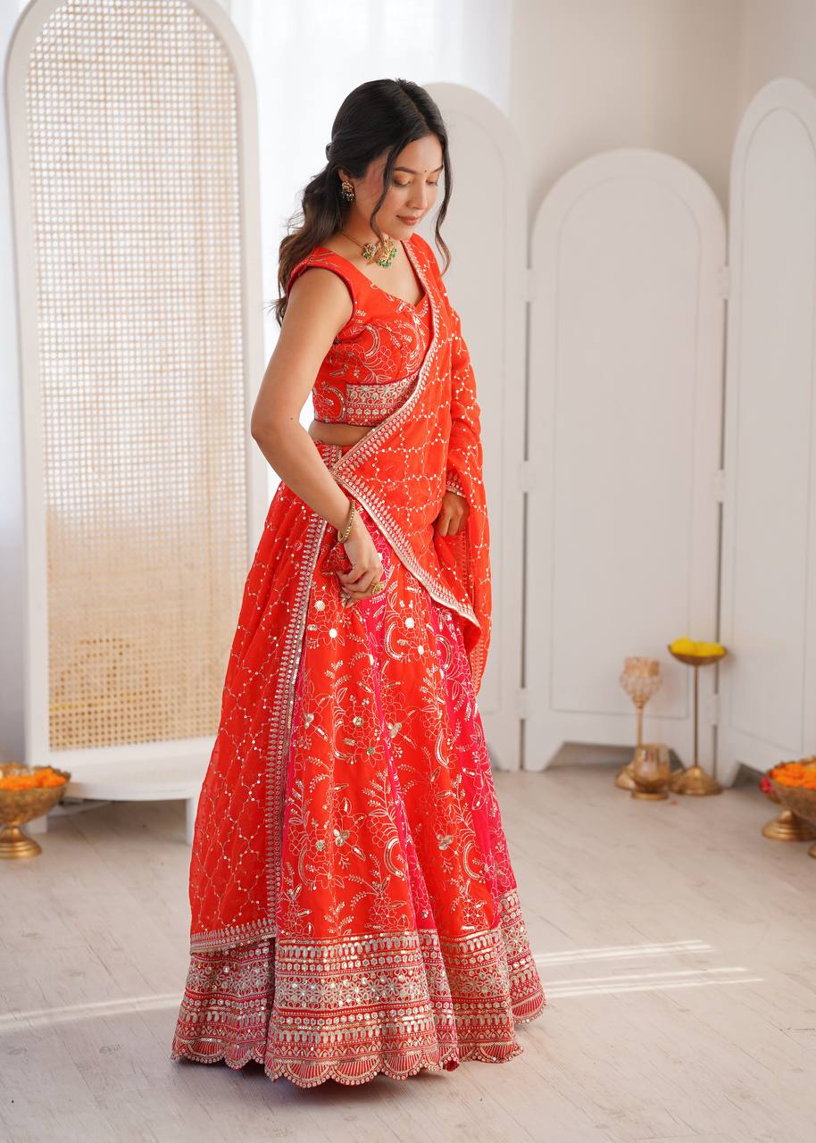 Wedding Wear Orange Color Thread With Sequence Work Lehenga Choli