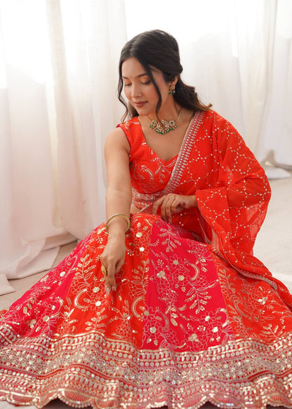 Wedding Wear Orange Color Thread With Sequence Work Lehenga Choli