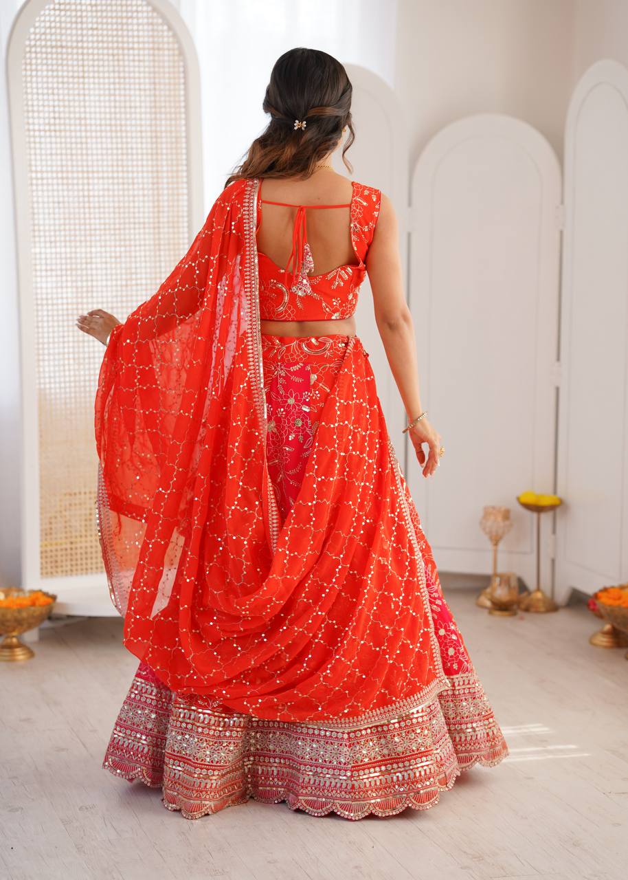 Wedding Wear Orange Color Thread With Sequence Work Lehenga Choli