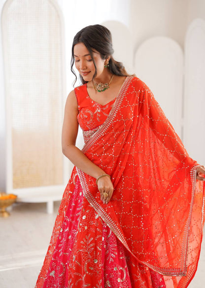 Wedding Wear Orange Color Thread With Sequence Work Lehenga Choli