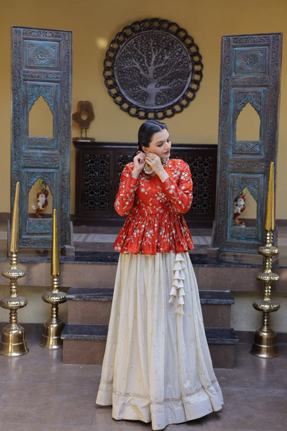 Pretty Orange Color Sequence Embroidered Top With Lehenga