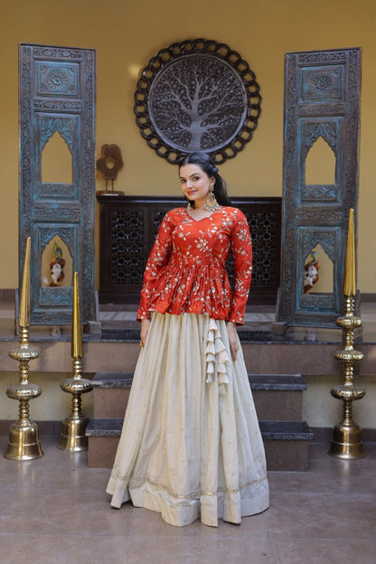 Pretty Orange Color Sequence Embroidered Top With Lehenga