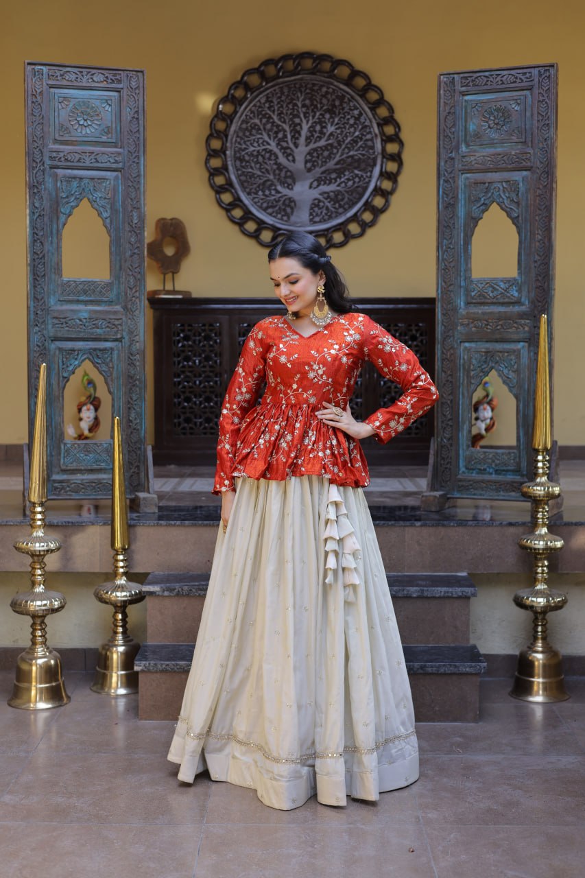 Pretty Orange Color Sequence Embroidered Top With Lehenga