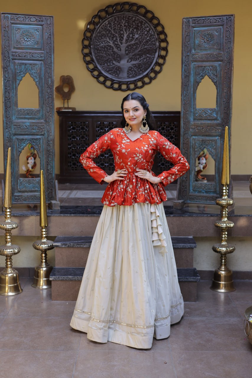 Pretty Orange Color Sequence Embroidered Top With Lehenga