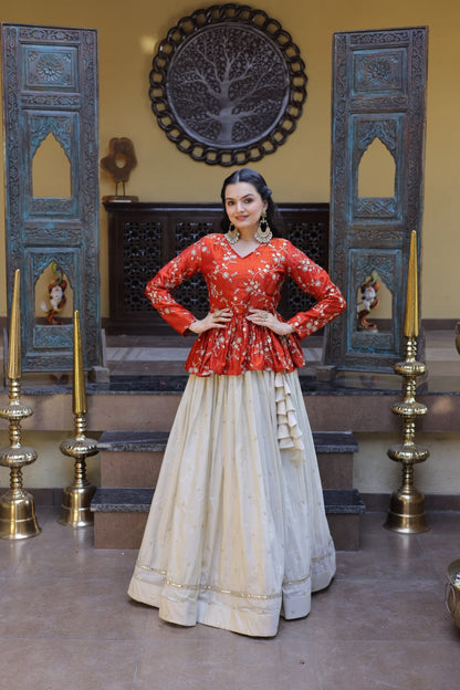 Pretty Orange Color Sequence Embroidered Top With Lehenga