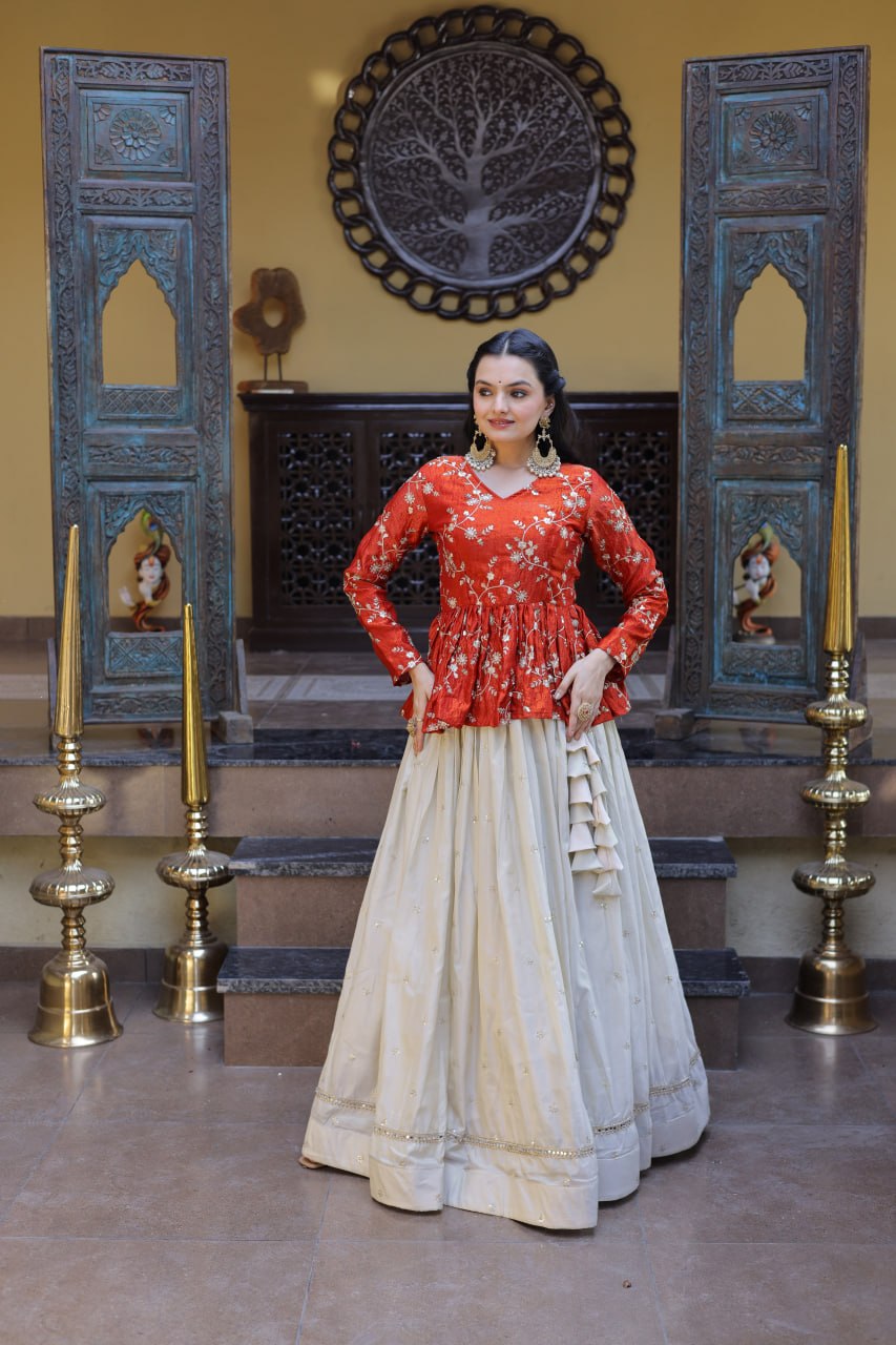 Pretty Orange Color Sequence Embroidered Top With Lehenga