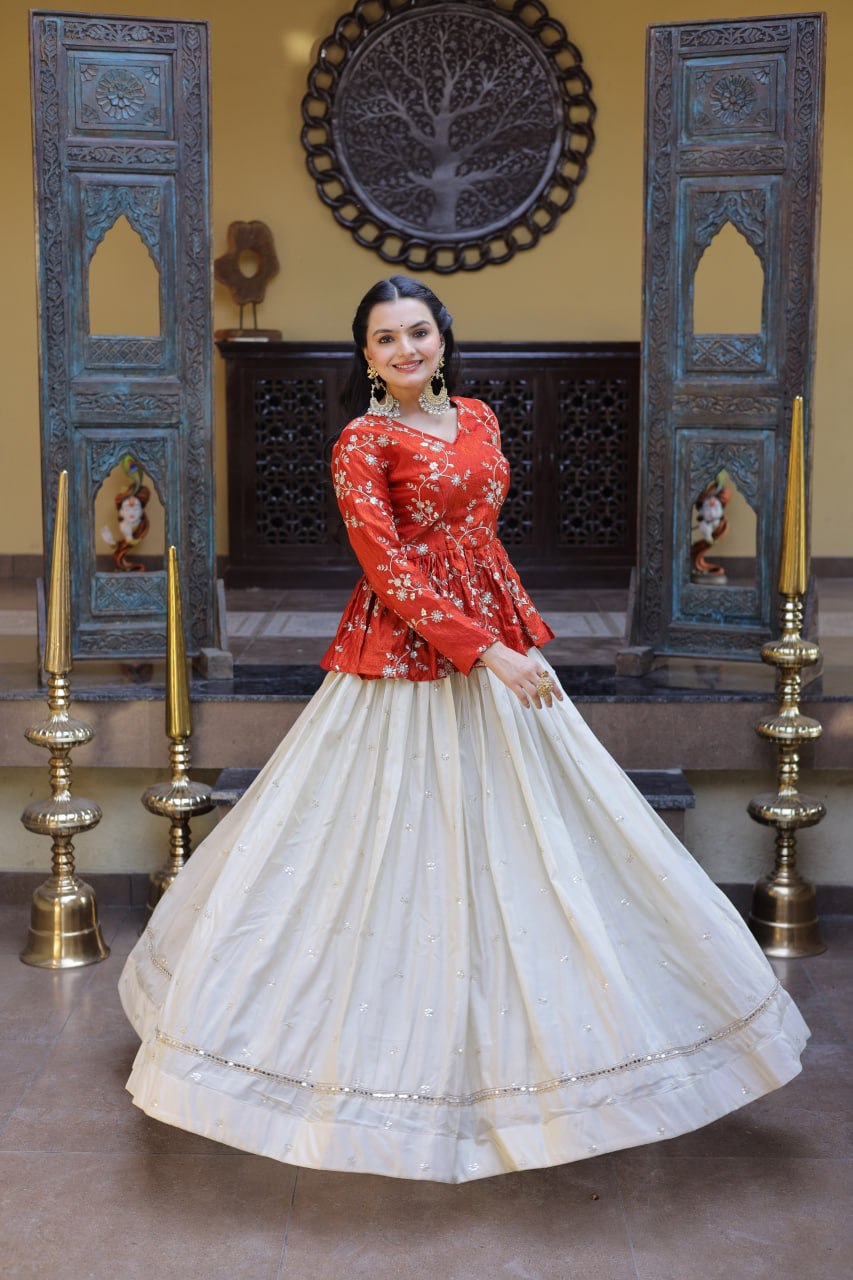 Pretty Orange Color Sequence Embroidered Top With Lehenga