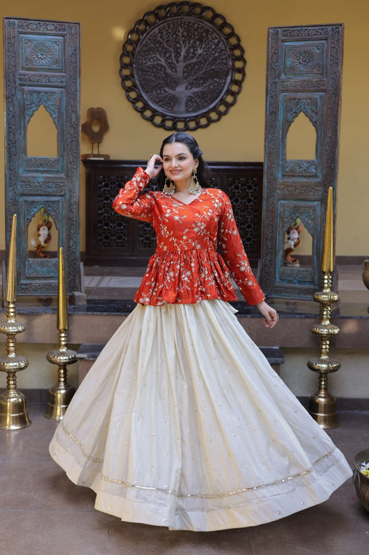 Pretty Orange Color Sequence Embroidered Top With Lehenga