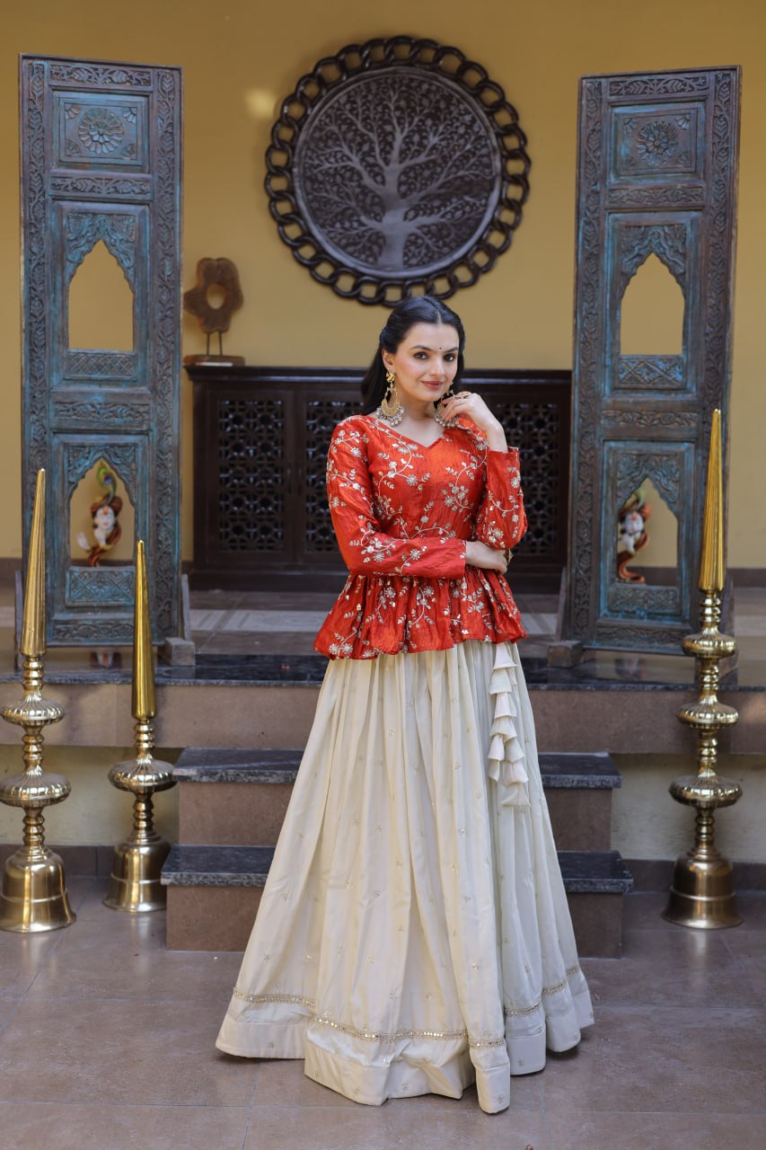 Pretty Orange Color Sequence Embroidered Top With Lehenga