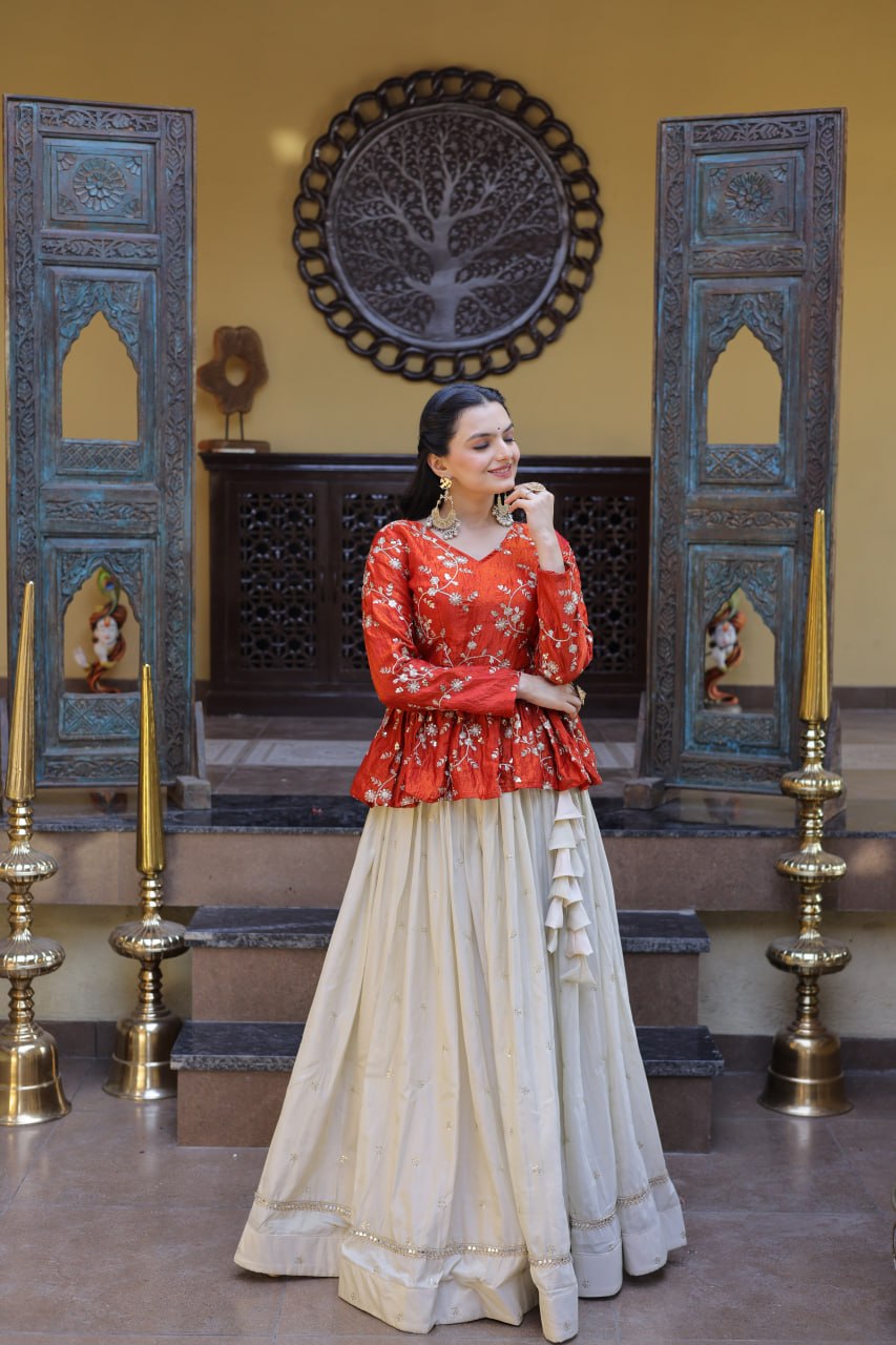 Pretty Orange Color Sequence Embroidered Top With Lehenga