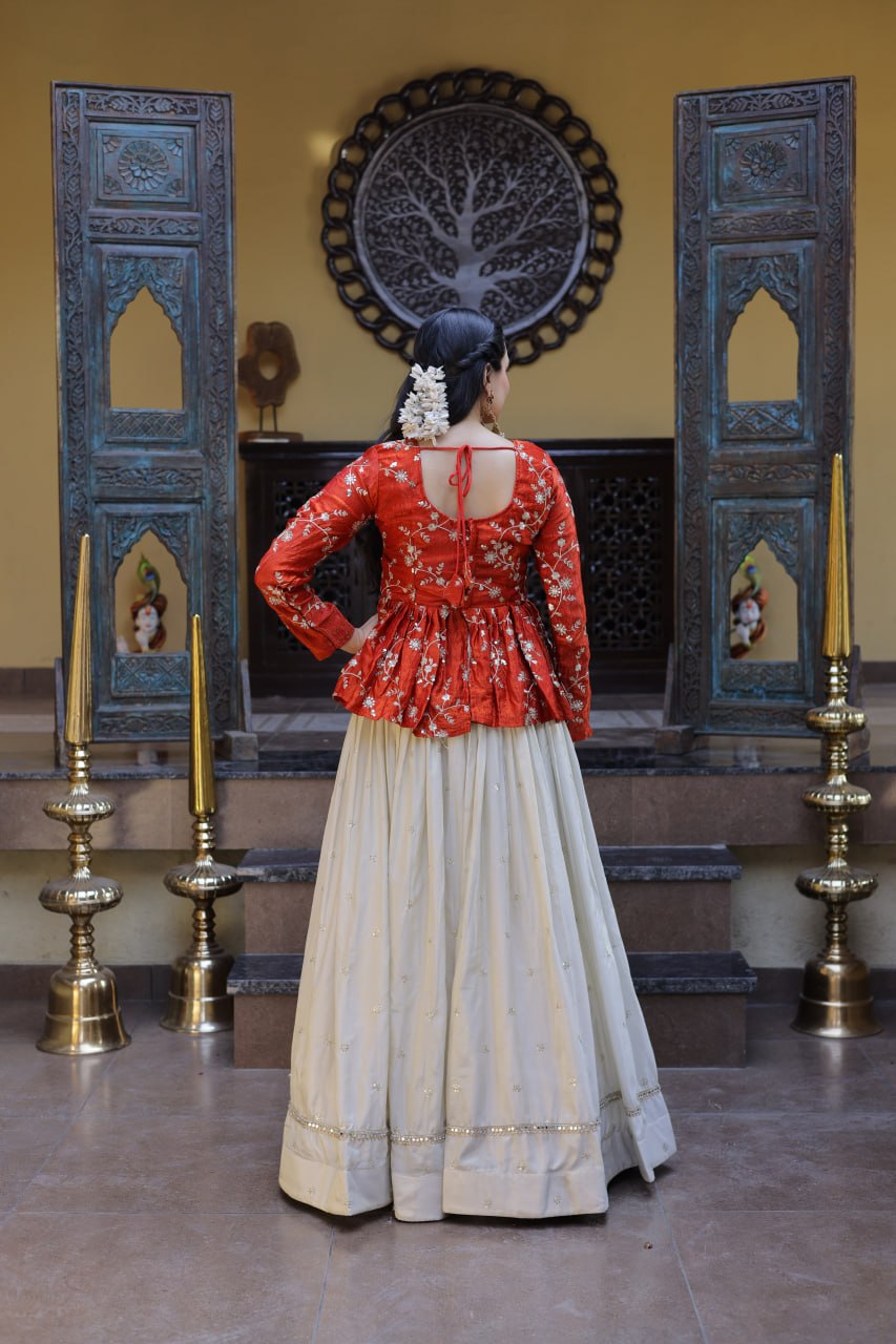 Pretty Orange Color Sequence Embroidered Top With Lehenga