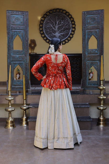 Pretty Orange Color Sequence Embroidered Top With Lehenga
