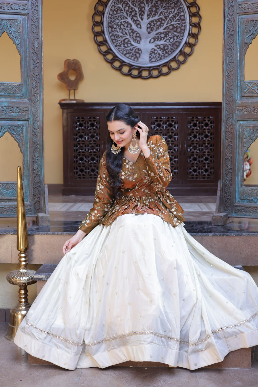 Stylish White Color Sequence Embroidered Top With Lehenga