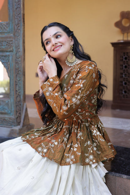 Stylish White Color Sequence Embroidered Top With Lehenga