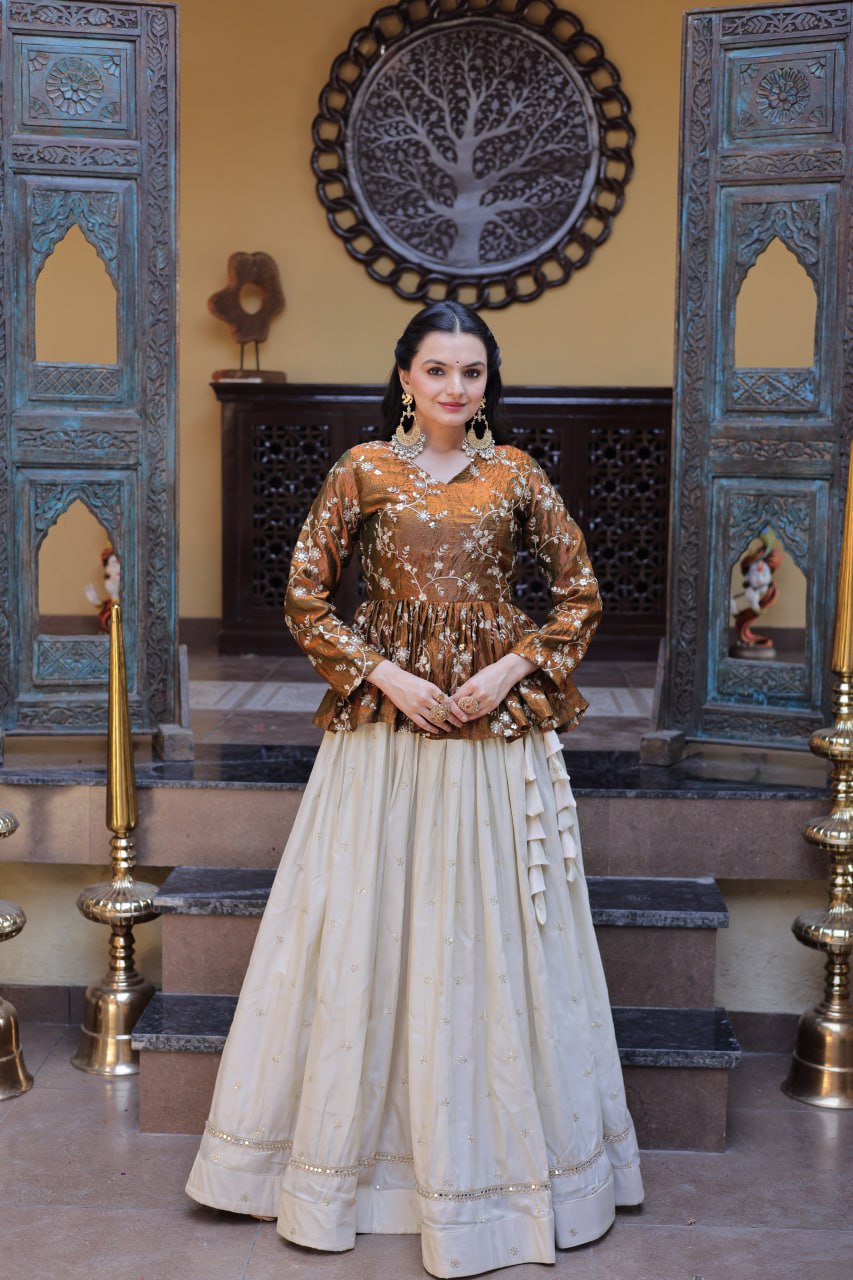 Stylish White Color Sequence Embroidered Top With Lehenga