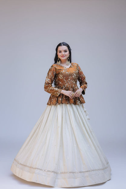 Stylish White Color Sequence Embroidered Top With Lehenga