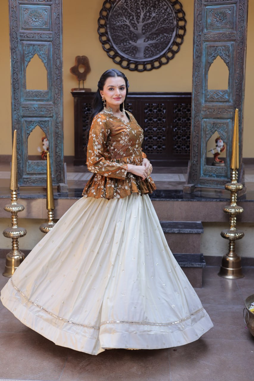 Stylish White Color Sequence Embroidered Top With Lehenga