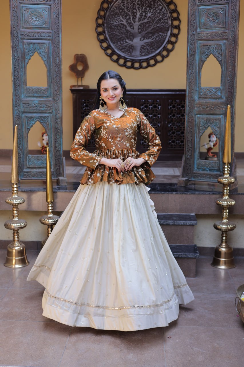 Stylish White Color Sequence Embroidered Top With Lehenga