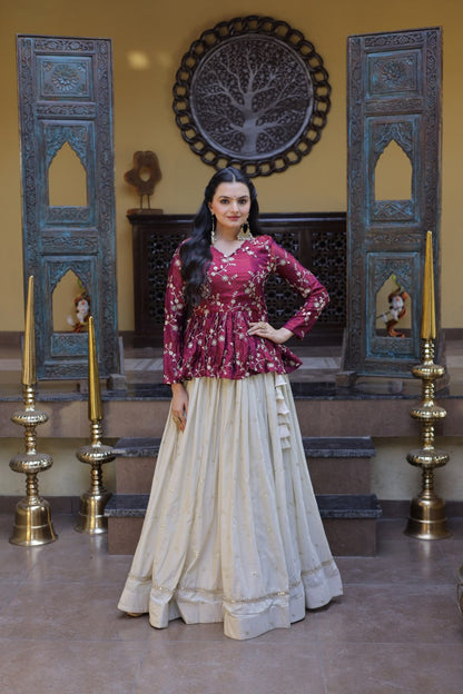 Shining Pink Color Zari Embroidered Top With Lehenga