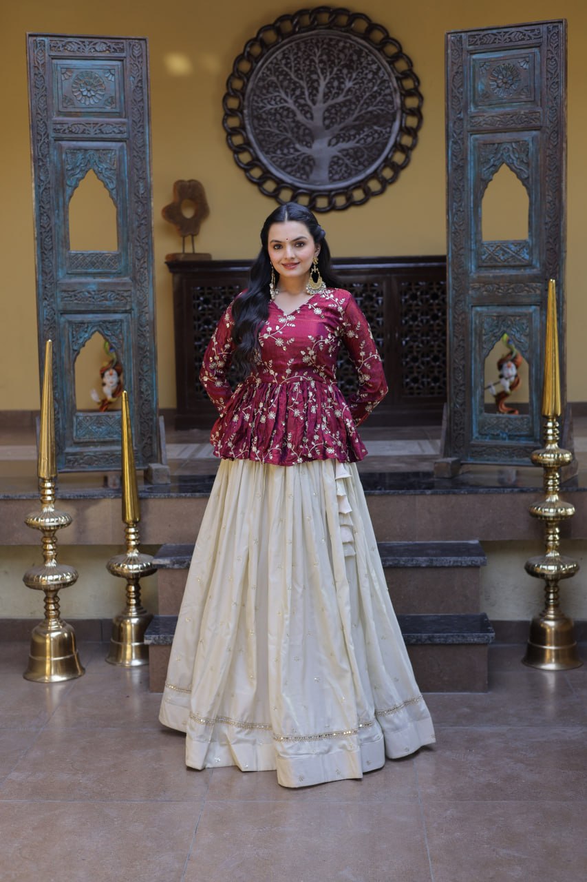 Shining Pink Color Zari Embroidered Top With Lehenga
