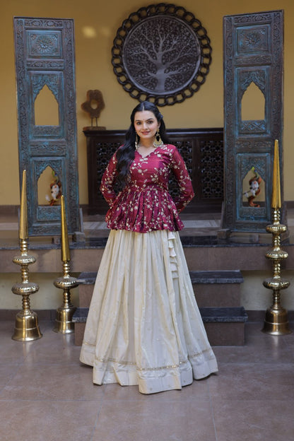 Shining Pink Color Zari Embroidered Top With Lehenga
