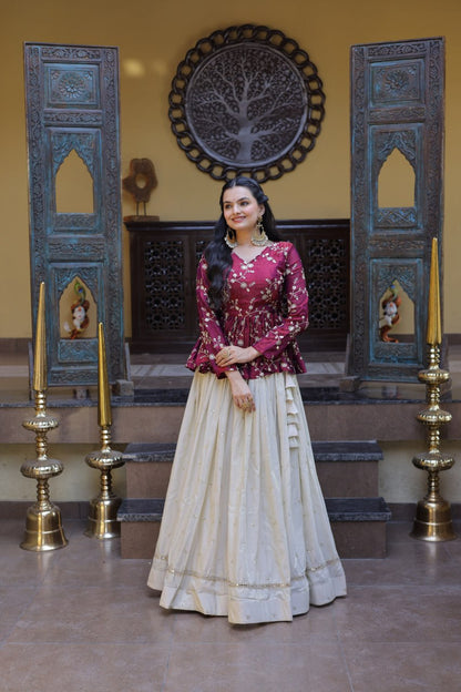 Shining Pink Color Zari Embroidered Top With Lehenga