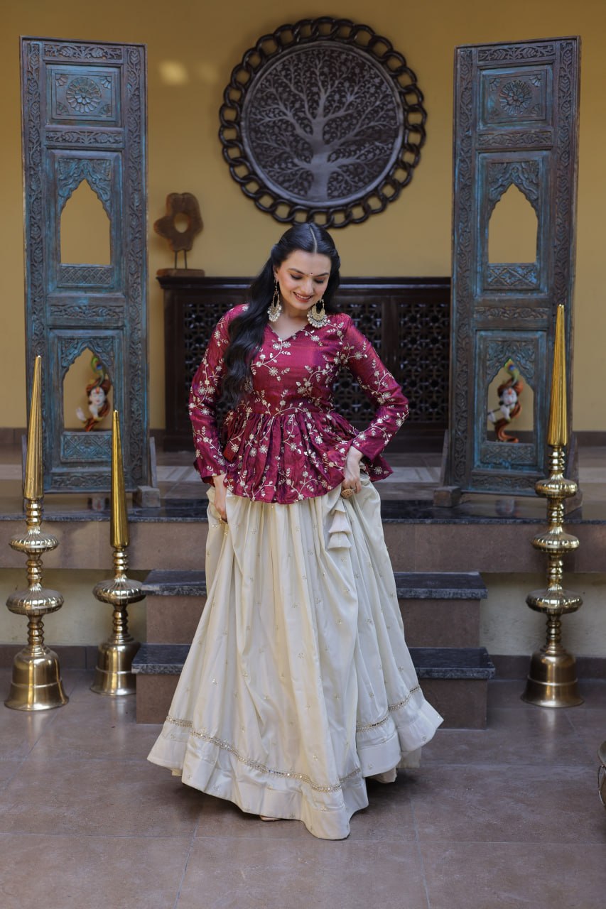 Shining Pink Color Zari Embroidered Top With Lehenga