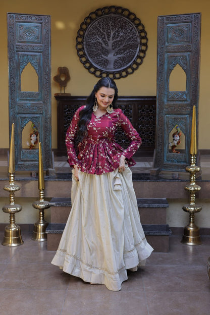 Shining Pink Color Zari Embroidered Top With Lehenga