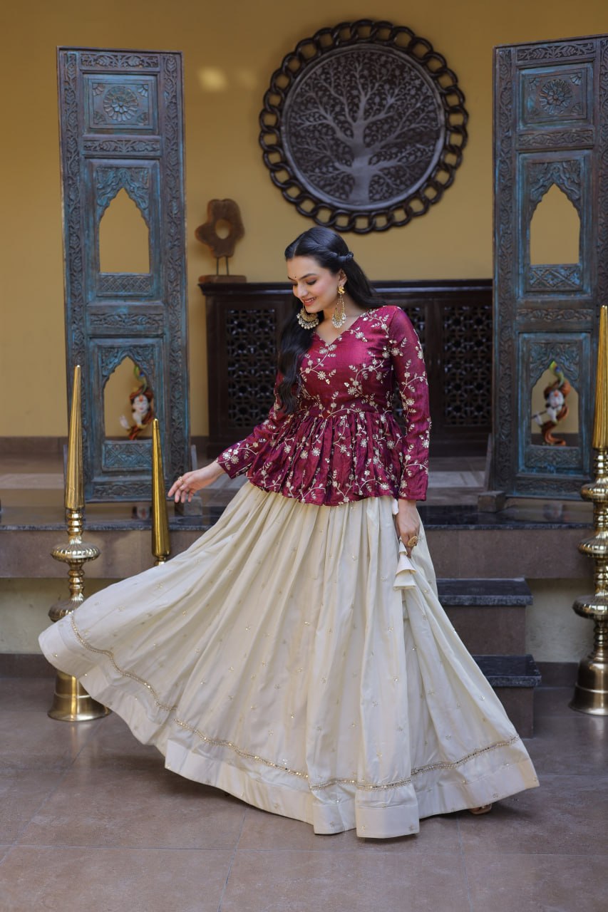 Shining Pink Color Zari Embroidered Top With Lehenga
