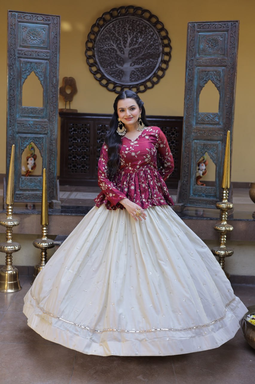 Shining Pink Color Zari Embroidered Top With Lehenga
