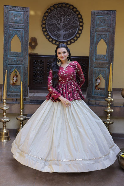 Shining Pink Color Zari Embroidered Top With Lehenga