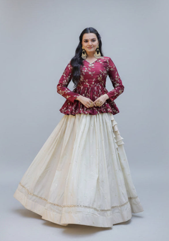 Shining Pink Color Zari Embroidered Top With Lehenga