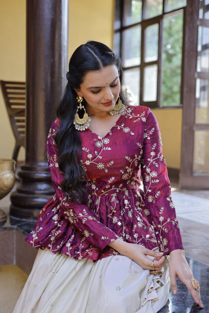 Shining Pink Color Zari Embroidered Top With Lehenga