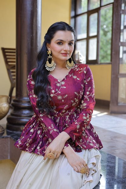 Shining Pink Color Zari Embroidered Top With Lehenga