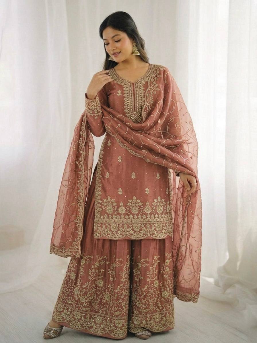 Arti Chauhan Wear Peach Color Embroidery Sequence Work Palazzo Suit