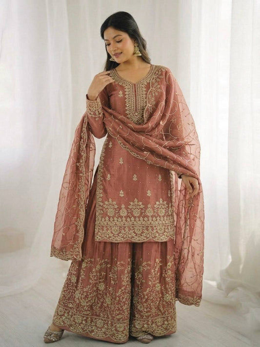 Arti Chauhan Wear Peach Color Embroidery Sequence Work Palazzo Suit
