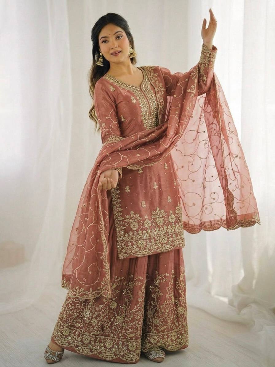 Arti Chauhan Wear Peach Color Embroidery Sequence Work Palazzo Suit